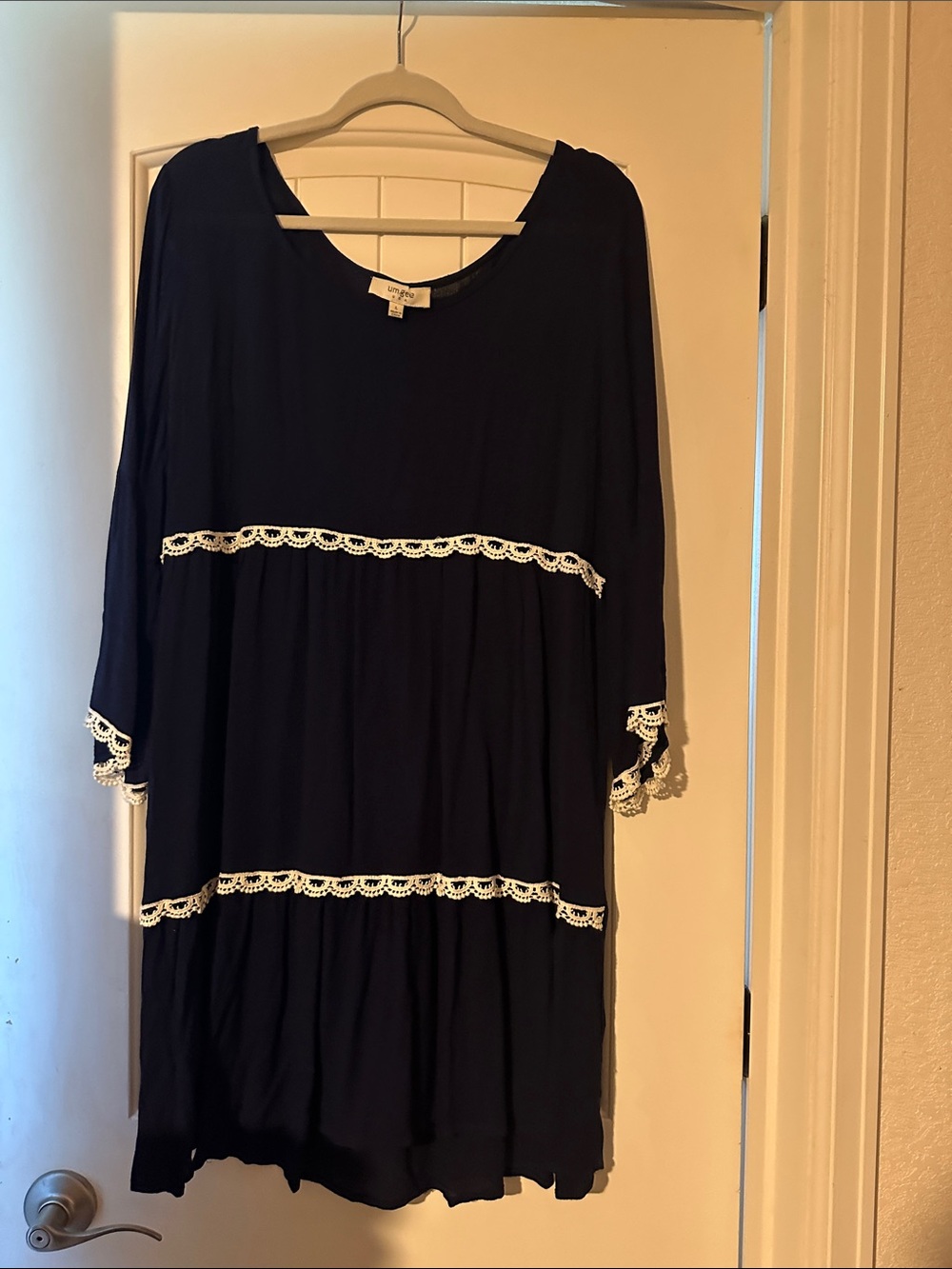 Umgee Navy Blue Dress with White Lace Trim